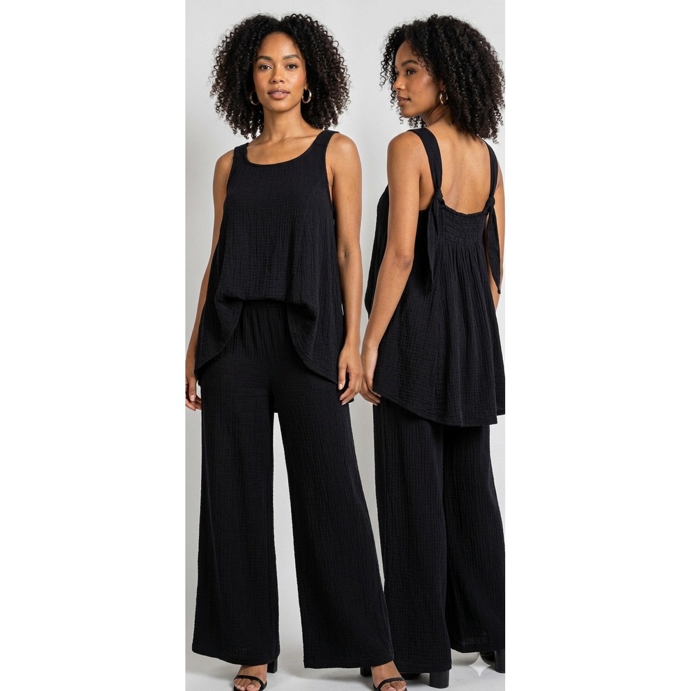 Easel Los Angeles Black Gauze Tie Strap Smocked Back Tank Top ET16481-1 Large
